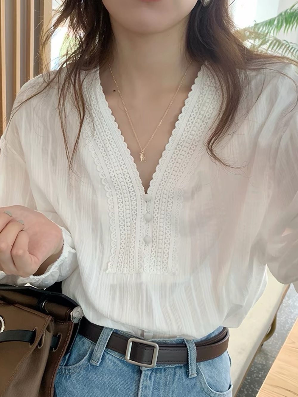 White Lace-Trim V-Neck Blouse - Women's Top